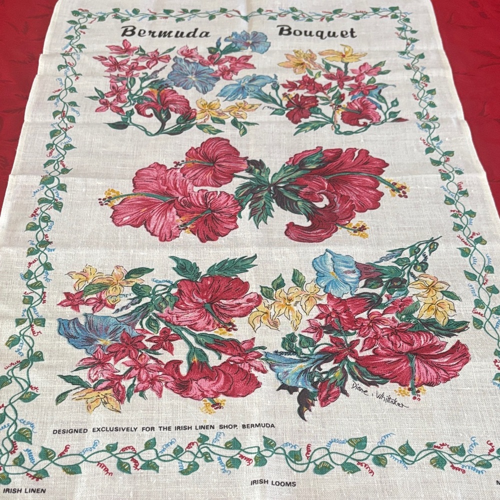 Irish linen Floral Bermuda Bouquet and colonies of Bermuda  Linen Towels
